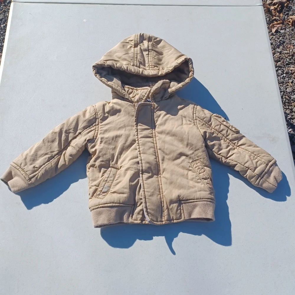 OshKosh B'Gosh Brown Jacket Baby Toddler 24m Fleece-Lined Hooded Zip Pockets Tan